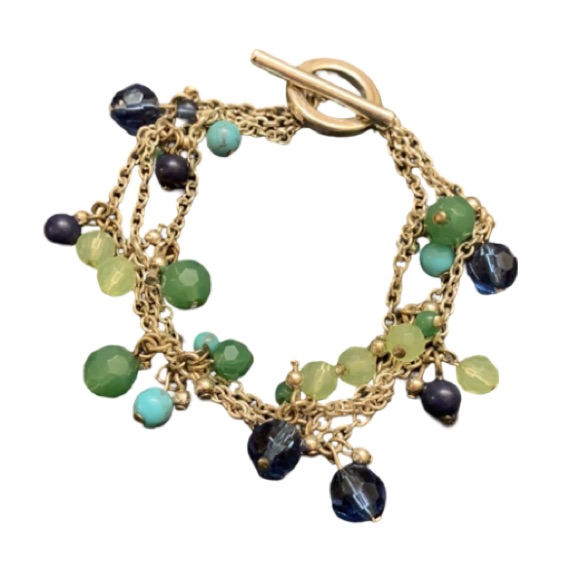 Whimsical Silver Plated Mixed Green & Blue Crystal Beaded Chain Toggle Bracelet